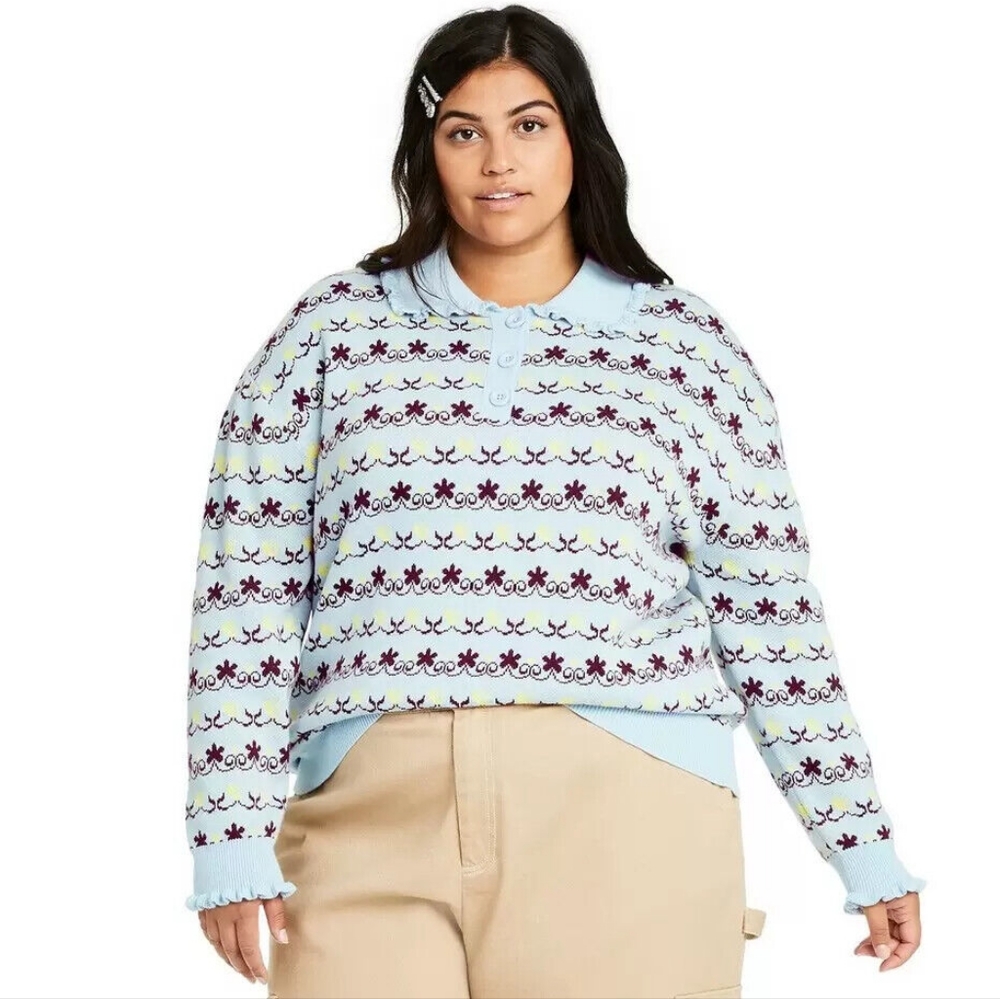 Sandy Liang Target plus size 2X 3X 4X Bleu Jacquard Collared sweater NWT
